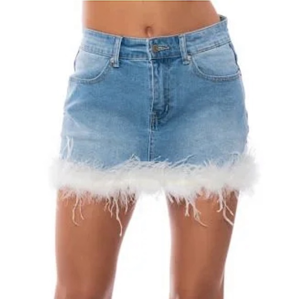 AKIRA Sweetheart Feather Detail Denim Mini Skirt In Medium Blue | Women’s S - Picture 3 of 7